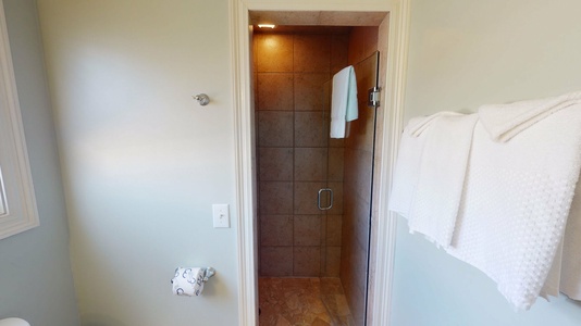 Private bath in bedroom 2 with a walk-in shower