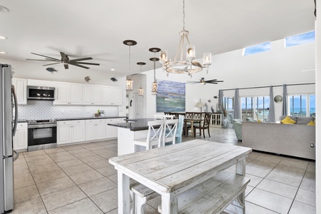 Dining at the kitchen table, island and dining area