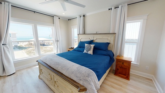 Master bedroom features a king bed, gulf views and private bath