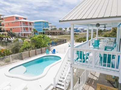 Great views of the pool deck and stairs that lead you into the fenced in secure area