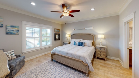 2nd floor bedroom #2 with a ceiling fan and king bed