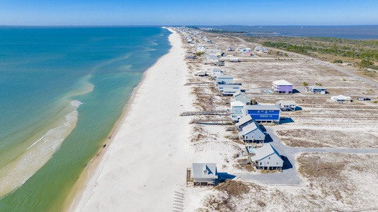 Birds eye view of the Ft Morgan peninsula looking west