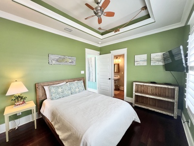 Bedroom 2 offers an alcove, private bathroom, TV, Queen, sleeps 3