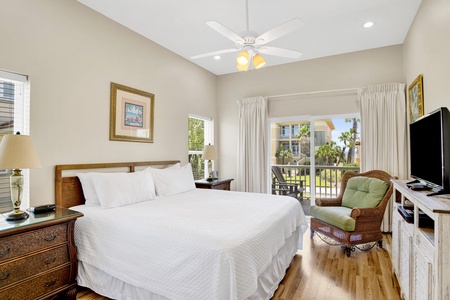 Bedroom 2 offers a private bathroom, balcony access, TV and King bed, sleeps 2