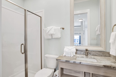 The private bathroom features a walk-in shower