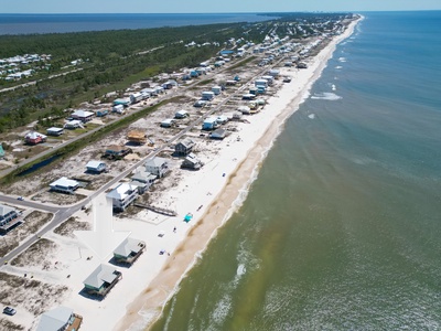 Birdseye view of the Ft Morgan peninsula looking east