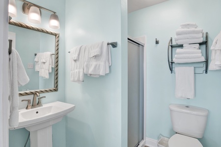 Full bath located off living area with walk-in shower