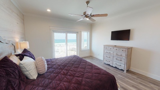 Bedroom 1 also has a TV, Gulf views, balcony access and a private bathroom