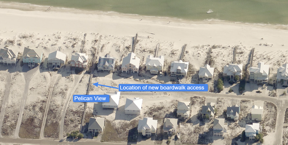 Overview of boardwalk and beach access from Pelican View