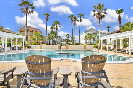 The pool area offers restrooms
