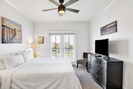 Bedroom 3 offers a private bathroom, TV, balcony and King bed, sleeps 2