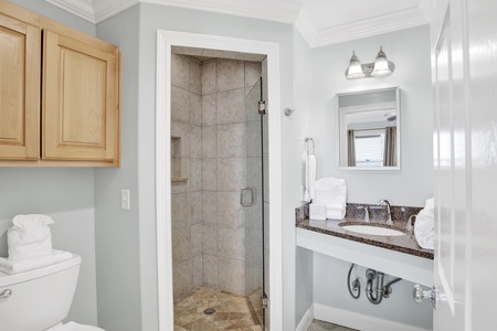 The private bathroom features a walk-in tile shower