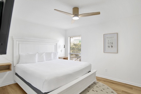 The primary bedroom has a King size bed, sleeps 2 guests