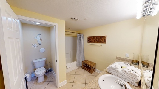 The private master bath has a tub/shower combo, double sinks and a private water closet