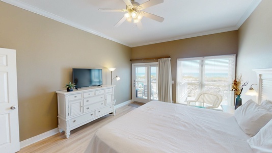 Bedroom 2 has a king bed, TV, Gulf views, deck access, and a private bathroom