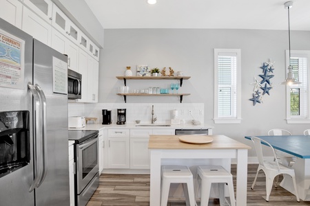 The kitchen if fully equipped and has seating for 2 at the kitchen island