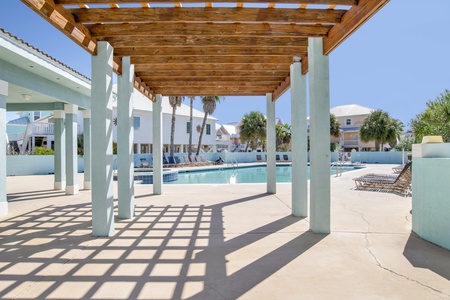 Shaded lounge area on the pool deck