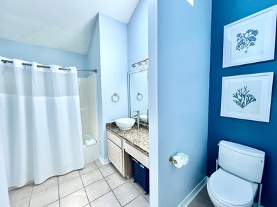 The master bath has a tub/shower combo