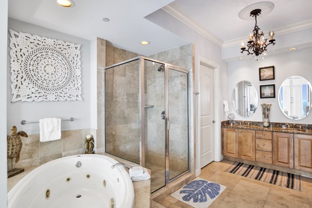 Master bath with a walk-in shower and jacuzzi tub