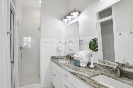 2nd floor Master bath with a double vanity and a walk-in shower