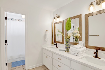 Master bathroom with double vanities and tub/shower combo