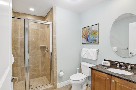 The private bathroom features a walk-in, tile shower