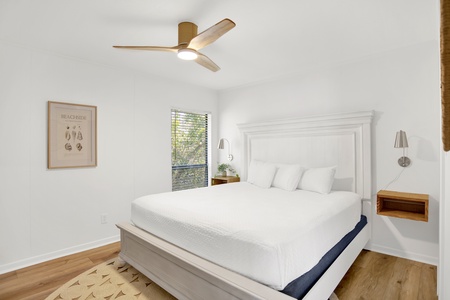 The primary bedroom has a King size bed, sleeps 2 guests