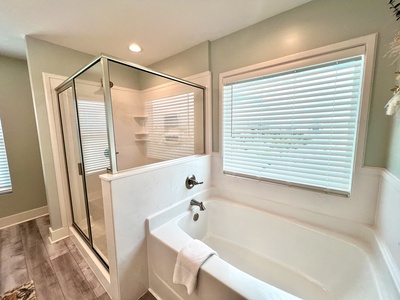 Large walk-in shower and soaking tub