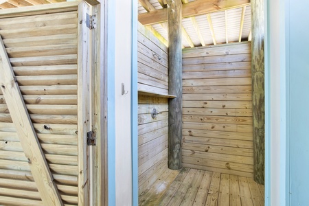 It features an enclosed shower