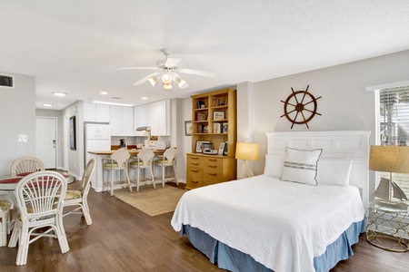 The studio downstairs offers a bed, TV, kitchen, bathroom and washer/dryer