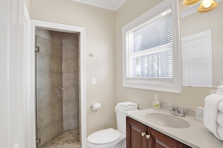 The private bathroom features a walk-in tile shower