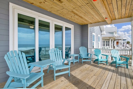 The covered balcony offers shade
