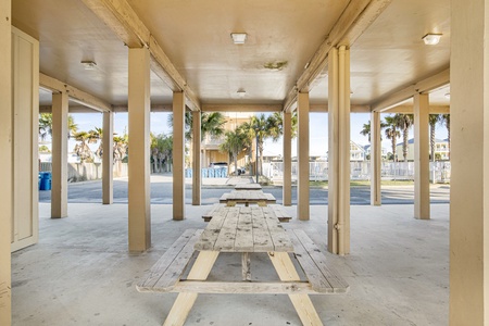 Picnic tables under cover