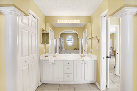 The private master bath comes with a double vanity