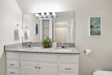 The shared hallway bathroom upstairs has double vanities