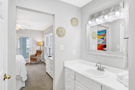 The primary bedroom has it's own vanity