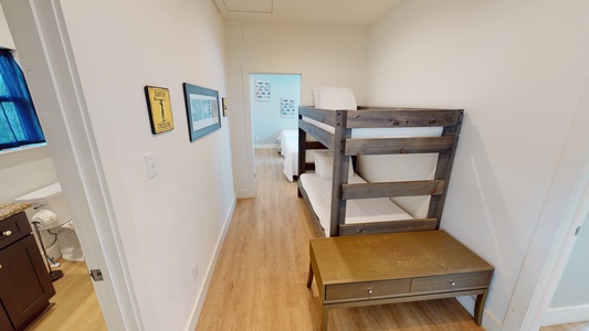 Hall bunk room with twin over twin bunks, connected to bedroom 3