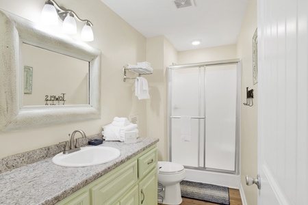 Shared hall bathroom features a walk-in shower