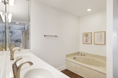 Private master bathroom with a double vanity and large soaking tub