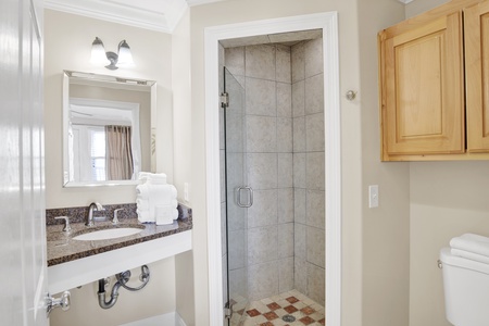 The private bathroom features a walk-in tile shower