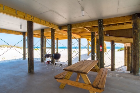 Picnic  area shaded under house