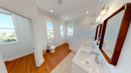Private Master bath with a double vanity and a walk-in shower