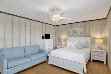 The primary bedroom has a TV and private bathroom