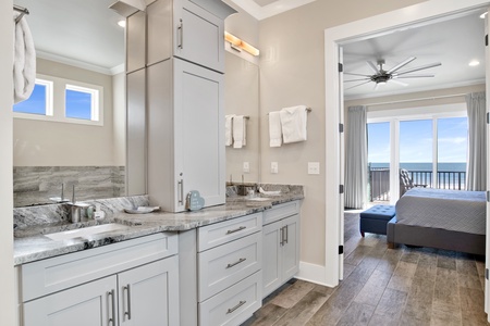 The private master bath with a double vanity