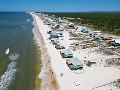 Birdseye view of the Ft Morgan peninsula looking west