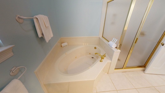 Master bathroom features a double vanity, jacuzzi tub and walk-in shower