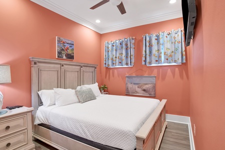 Guest bedroom with King bed and TV