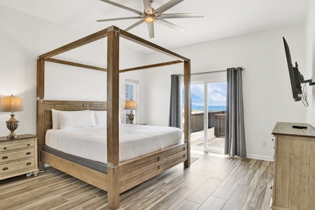 The master bedroom (bedroom #1) features a king bed, ceiling fan, gulf views, and access to the deck