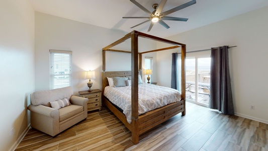 The master bedroom (bedroom #1) features a king bed, ceiling fan, gulf views, and access to the deck