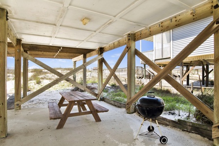 The carport has a picnic table and BBQ grill